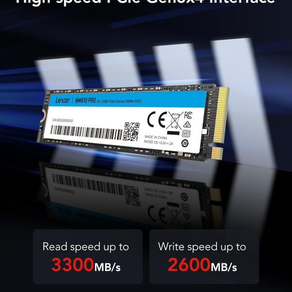 Lexar NM610PRO SSD, M.2 2280 PCIe Gen3x4 NVMe 1.4 SSD 500GB Internal, Up to 3300MB/s Reading, 2600MB/s Write, 3D NAND Flash Drives for Notebook, Desktop, PC