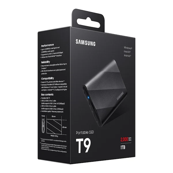 Samsung Portable T9 SSD, USB 3.2 Gen 2x2 1TB, 2000MB/s Read, 2000MB/s Write, Black, MU-PG1T0B/WW